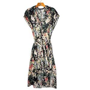 Zara Floral Shirt Midi Dress Dress Belted Tropical Cruise M